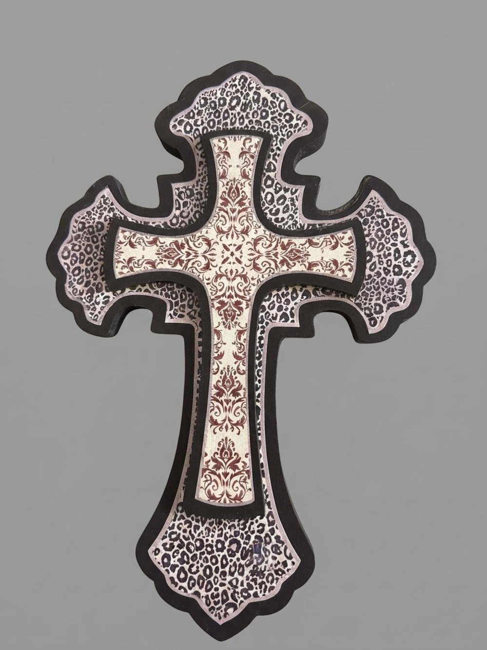 Handcrafted Wooden Cross Wall Decor in Cream and Brown - Unbranded